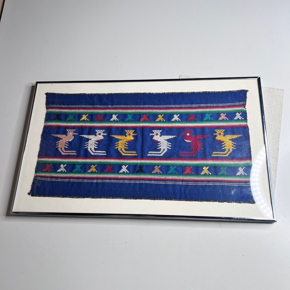 Vintage Guatemalan Hand Woven Bird Textile Art Framed Mayan Huipil Brocade Blue